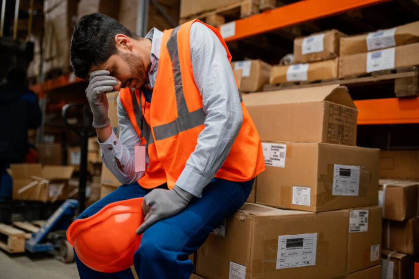Injured Worker Worker on a warehouse resting on some boxes after injury